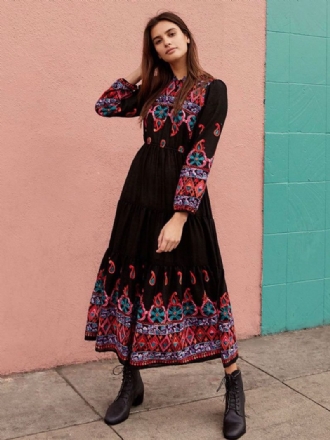 Boho Kleid V-ausschnitt Lange Ärmel Schwarz Bestickt Gypsy Strand Urlaub Frühling Sommer Langes Für Frauen