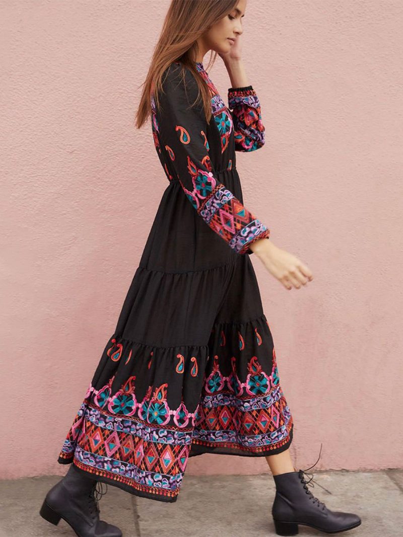 Boho Kleid V-ausschnitt Lange Ärmel Schwarz Bestickt Gypsy Strand Urlaub Frühling Sommer Langes Für Frauen - Schwarz