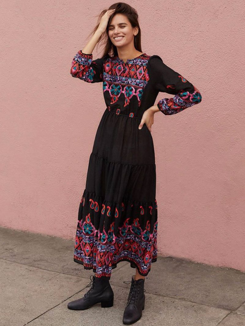 Boho Kleid V-ausschnitt Lange Ärmel Schwarz Bestickt Gypsy Strand Urlaub Frühling Sommer Langes Für Frauen - Schwarz