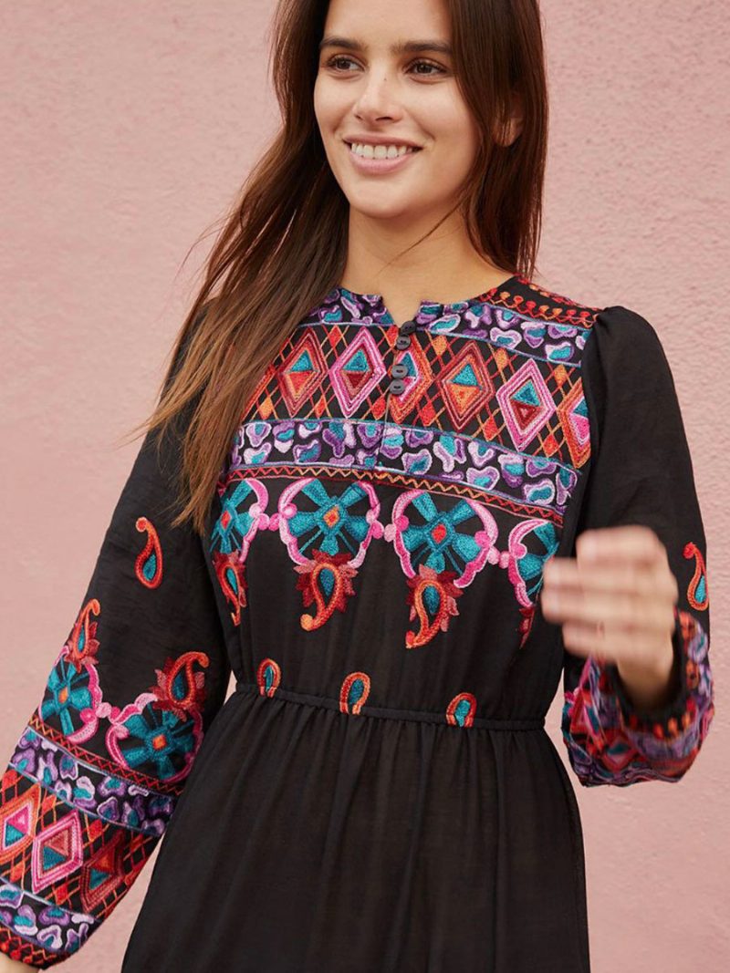 Boho Kleid V-ausschnitt Lange Ärmel Schwarz Bestickt Gypsy Strand Urlaub Frühling Sommer Langes Für Frauen - Schwarz