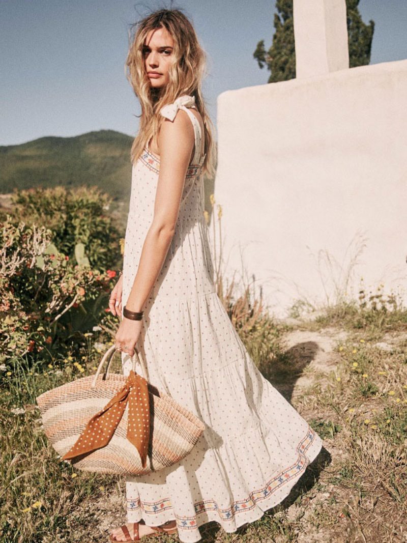 Boho Kleid Weiß Ärmellos Bohemian Gypsy Strand Urlaub Sommer Maxi Slip Shift Für Frauen - Weiß