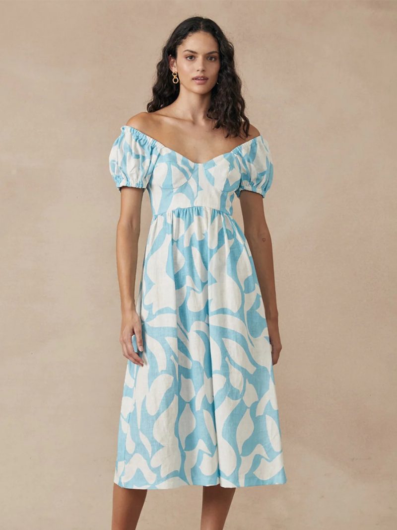 Damen-boho-kleid Bateau-ausschnitt Kurze Ärmel Blumendruck Plissiertes Sommerkleid - Helles Himmelblau