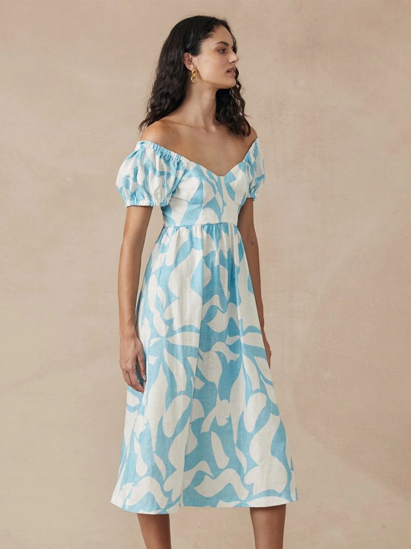 Damen-boho-kleid Bateau-ausschnitt Kurze Ärmel Blumendruck Plissiertes Sommerkleid - Helles Himmelblau