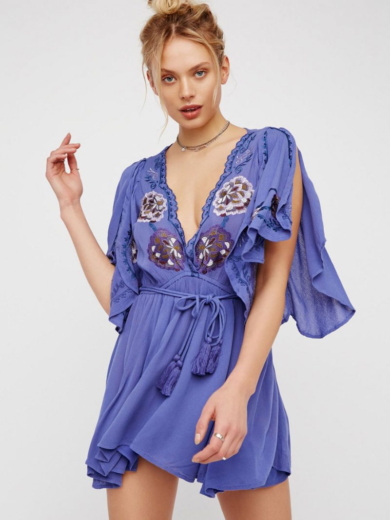 Damen-boho-kleid Blumenstickerei Baumwolle Tiefer V-ausschnitt Schlitz Halbe Ärmel Bohemian-zigeuner-sommerurlaub Mini-strandkleid - Blau