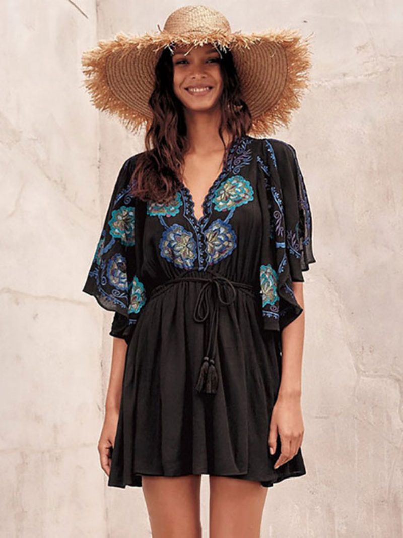 Damen-boho-kleid Blumenstickerei Baumwolle Tiefer V-ausschnitt Schlitz Halbe Ärmel Bohemian-zigeuner-sommerurlaub Mini-strandkleid - Schwarz