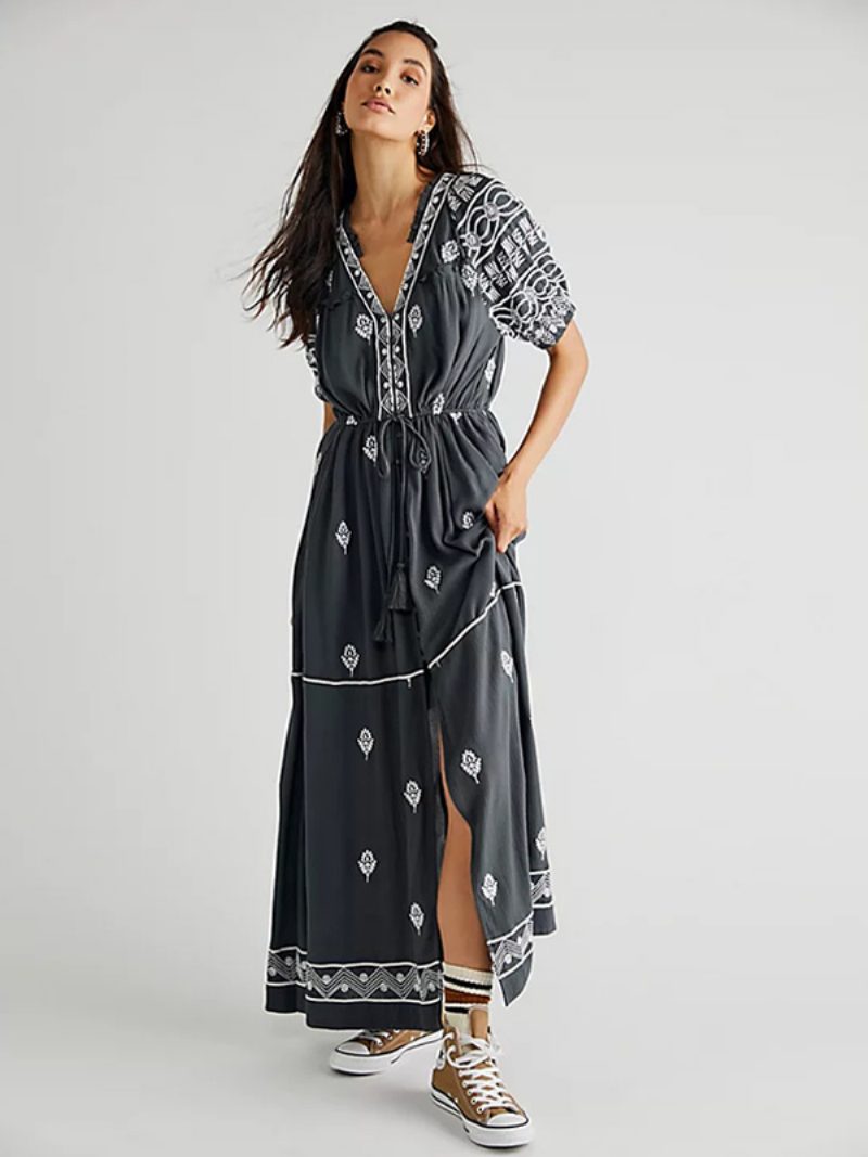 Damen-boho-kleid Geo-bedruckt V-ausschnitt Gürtel Schlitz Sommer-strand-maxikleider