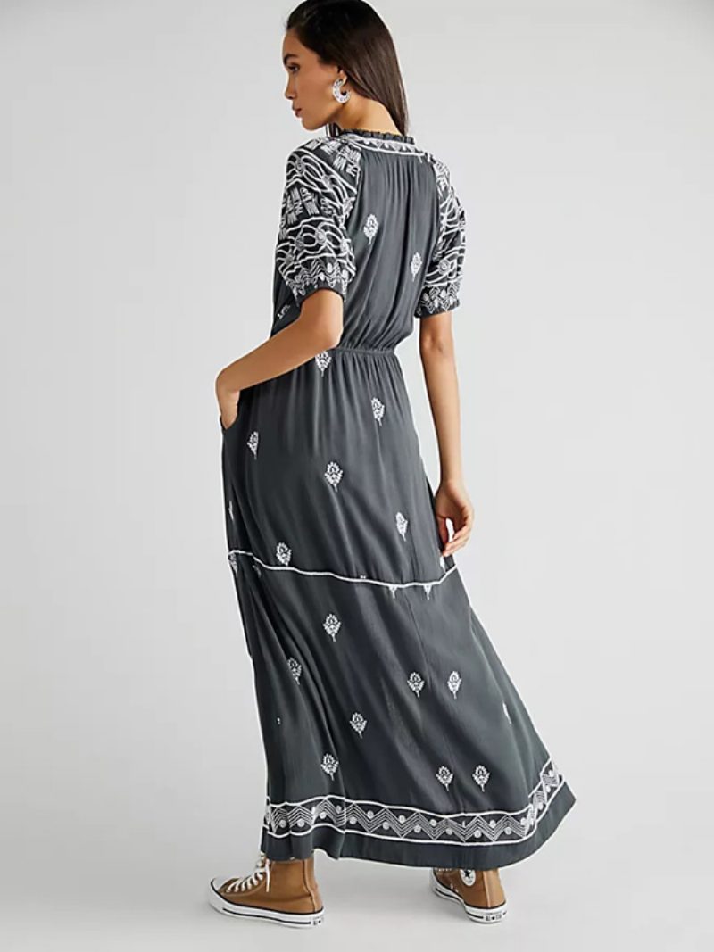 Damen-boho-kleid Geo-bedruckt V-ausschnitt Gürtel Schlitz Sommer-strand-maxikleider - Tiefgrau