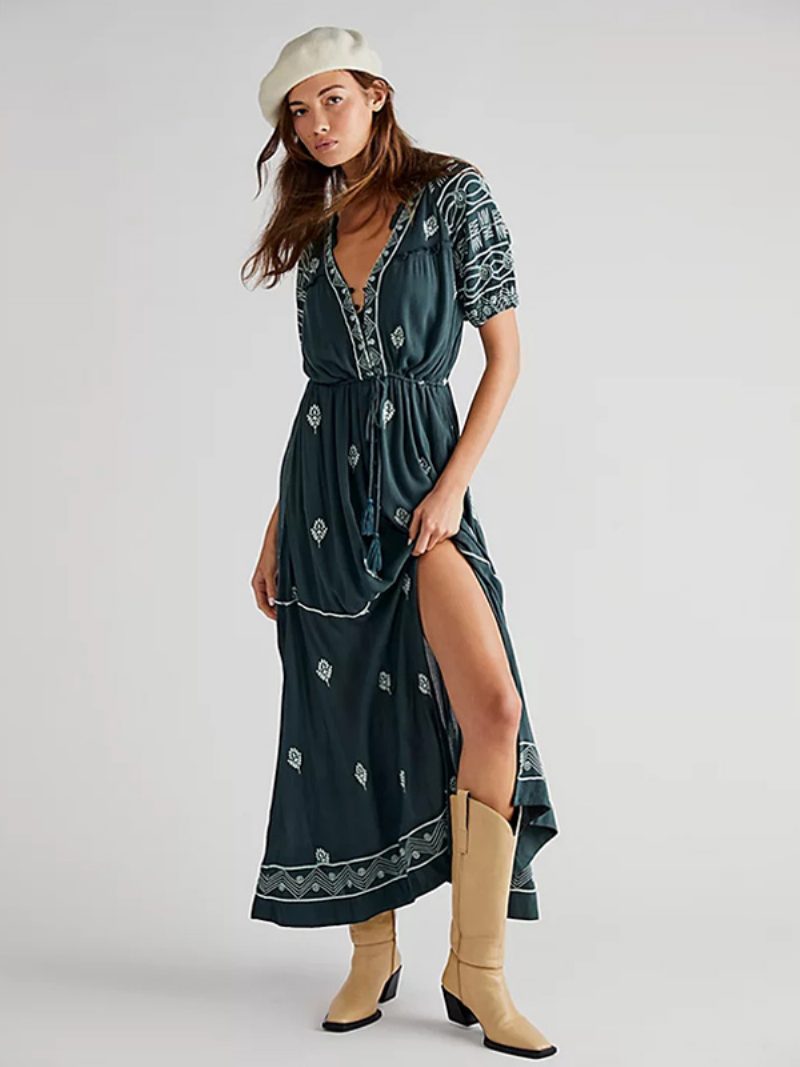 Damen-boho-kleid Geo-bedruckt V-ausschnitt Gürtel Schlitz Sommer-strand-maxikleider - Dunkelgrün