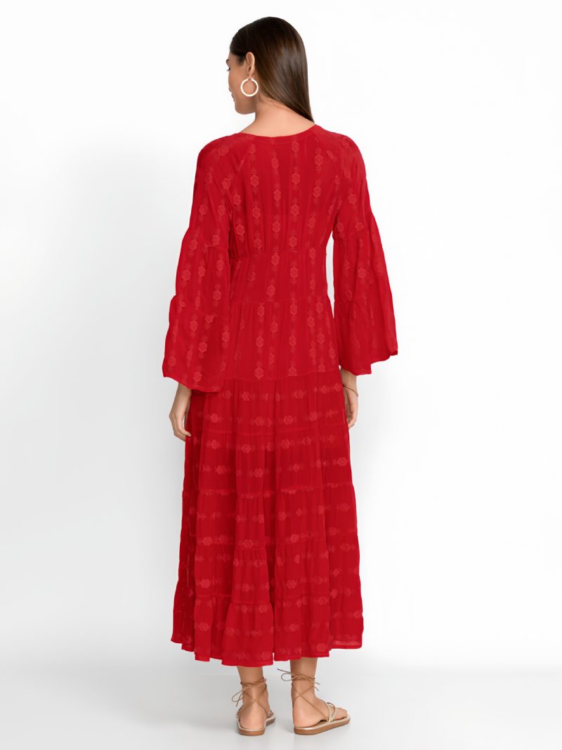 Damen-boho-kleid Knöpfe V-ausschnitt 3/4-ärmel Strandkleid - Rot