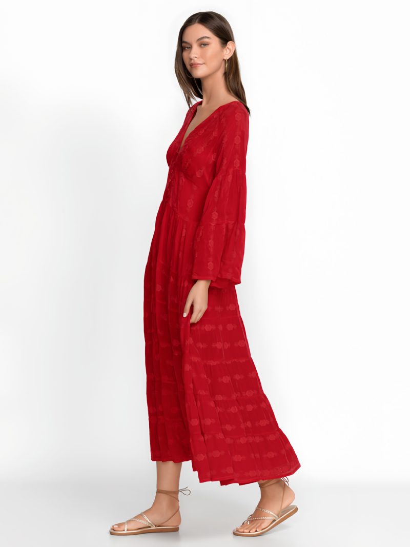 Damen-boho-kleid Knöpfe V-ausschnitt 3/4-ärmel Strandkleid - Rot