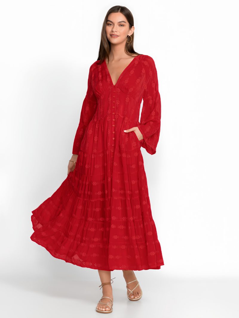 Damen-boho-kleid Knöpfe V-ausschnitt 3/4-ärmel Strandkleid - Rot