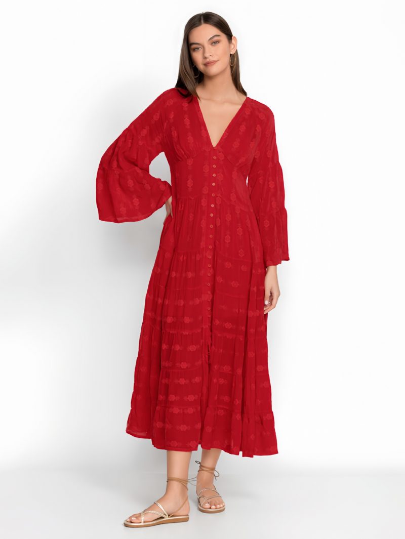 Damen-boho-kleid Knöpfe V-ausschnitt 3/4-ärmel Strandkleid - Rot