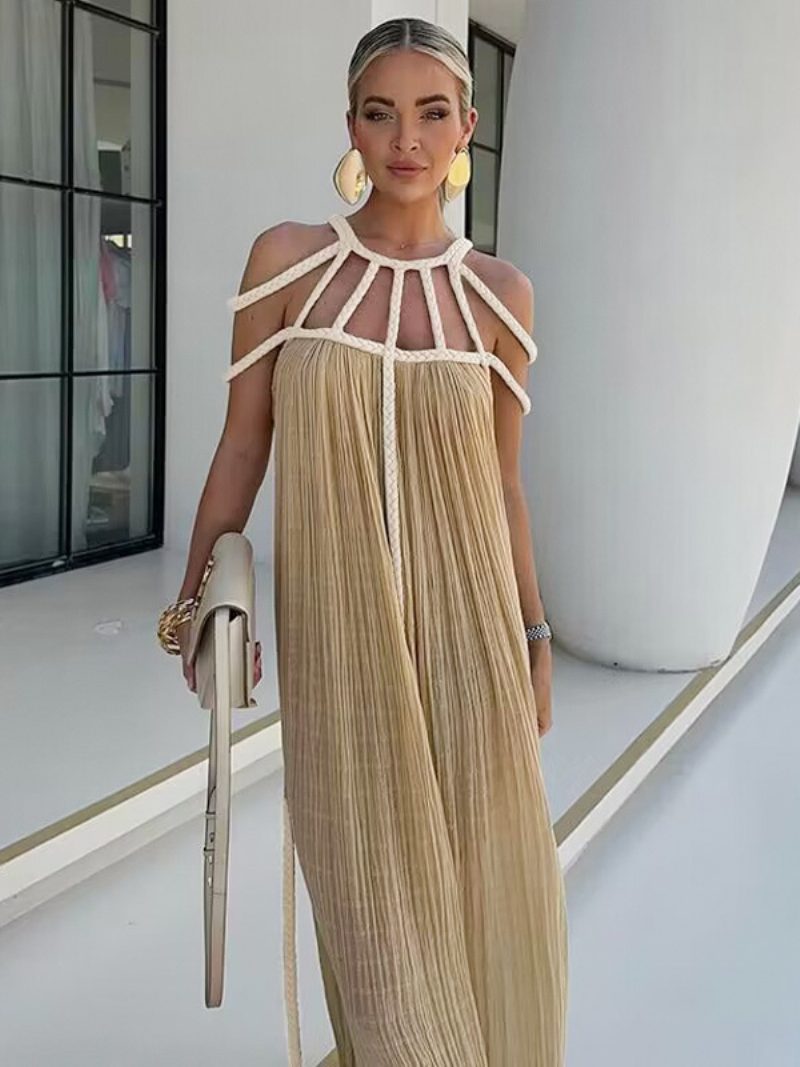 Damen-boho-kleid Mit Ausschnitt Ärmellos Übergroßes Ausgeschnittenes Strandkleid - Hellbraun