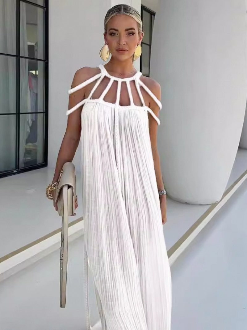 Damen-boho-kleid Mit Ausschnitt Ärmellos Übergroßes Ausgeschnittenes Strandkleid - Weiß