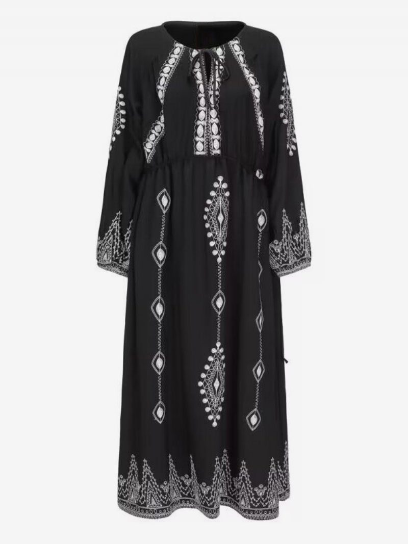 Damen-boho-kleid Mit Geo-print Schnürung Rundhalsausschnitt Tägliches Lässiges Maxikleid - Schwarz