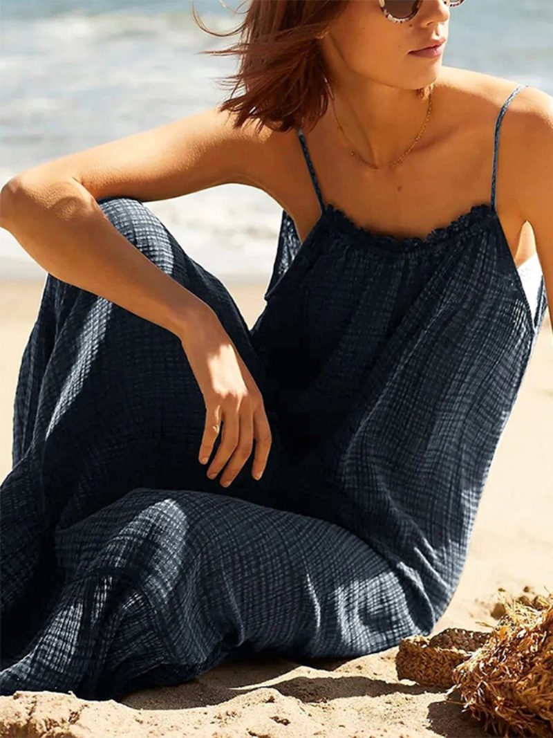 Damen-boho-kleid Mit Juwel-ausschnitt Ärmellos Übergroßes Strandkleid Schnürung - Dunkles Marineblau