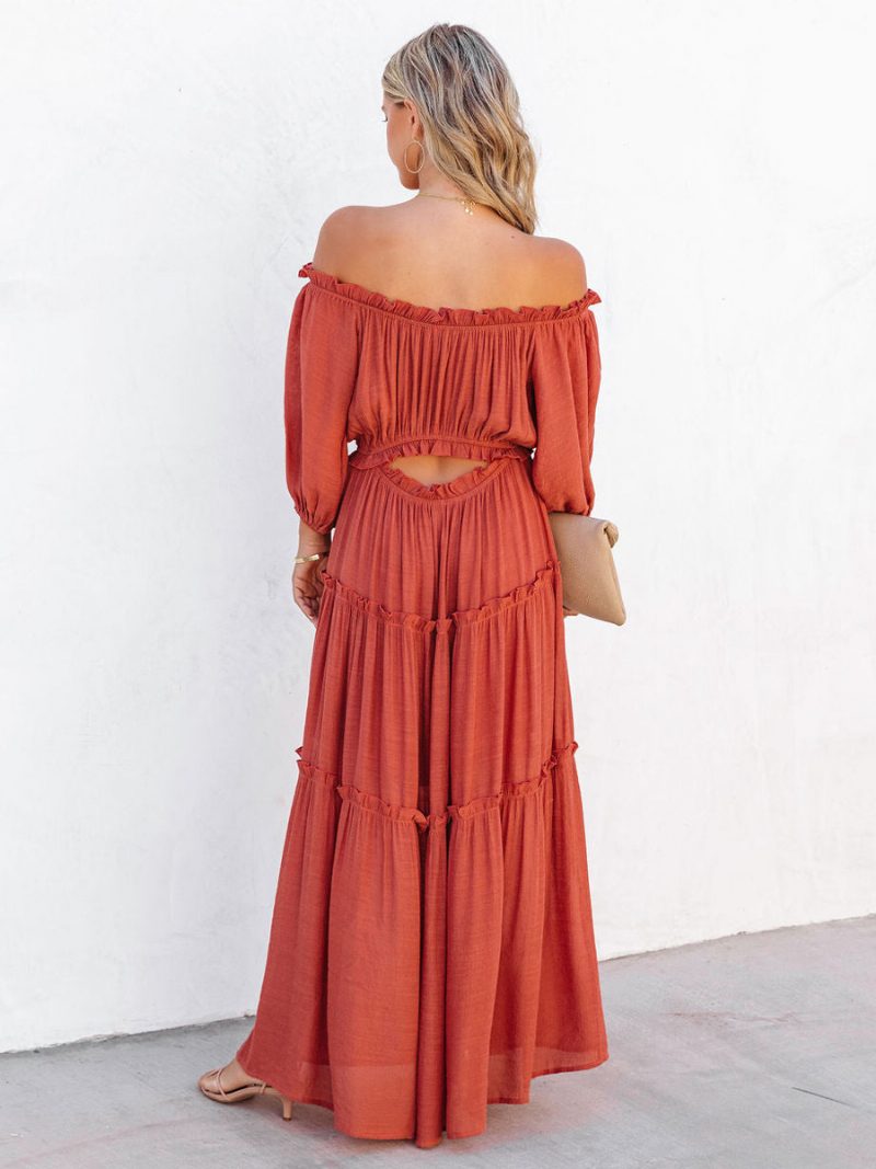 Damen-boho-kleid Mit Rüschen Schulterfrei Gestuft Lässig Sommer-maxikleider - Orange Rot