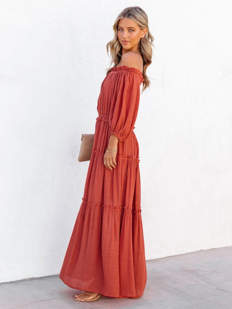 Damen-boho-kleid Mit Rüschen Schulterfrei Gestuft Lässig Sommer-maxikleider - Orange Rot