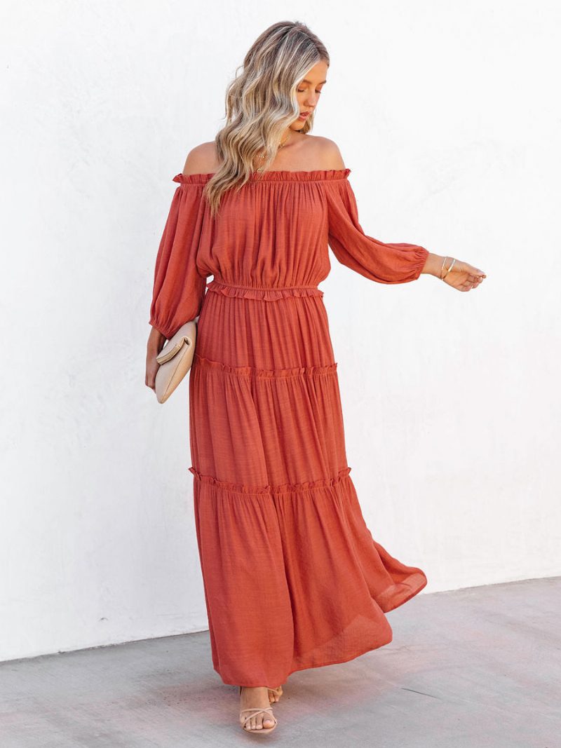 Damen-boho-kleid Mit Rüschen Schulterfrei Gestuft Lässig Sommer-maxikleider - Orange Rot