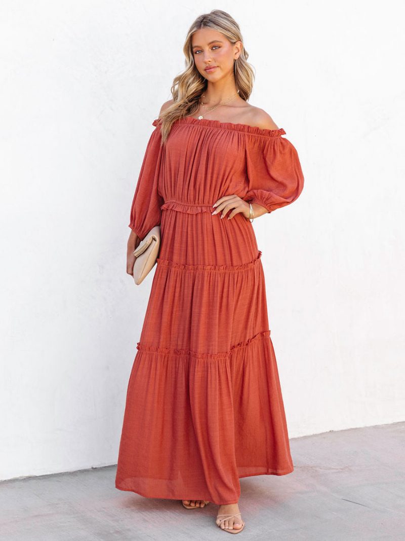 Damen-boho-kleid Mit Rüschen Schulterfrei Gestuft Lässig Sommer-maxikleider - Orange Rot