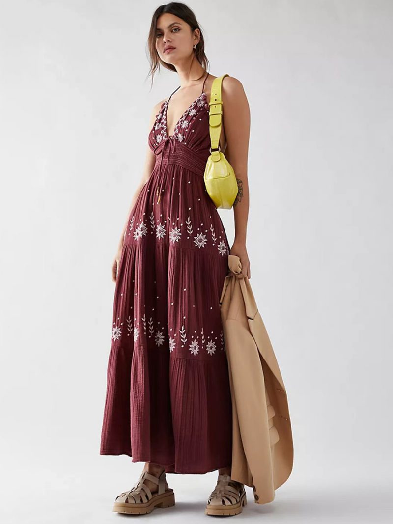 Damen Boho-kleid Mit Schnürung Trägern Ausschnitt Ärmellos Blumendruck Rückenfrei Sommerkleid