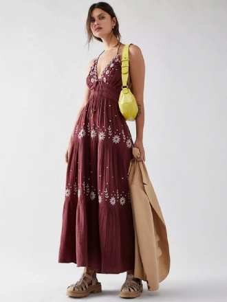 Damen Boho-kleid Mit Schnürung Trägern Ausschnitt Ärmellos Blumendruck Rückenfrei Sommerkleid