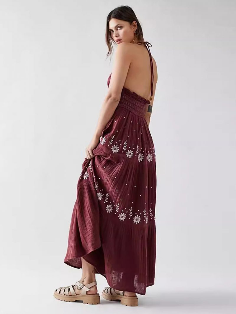 Damen Boho-kleid Mit Schnürung Trägern Ausschnitt Ärmellos Blumendruck Rückenfrei Sommerkleid - Burgund