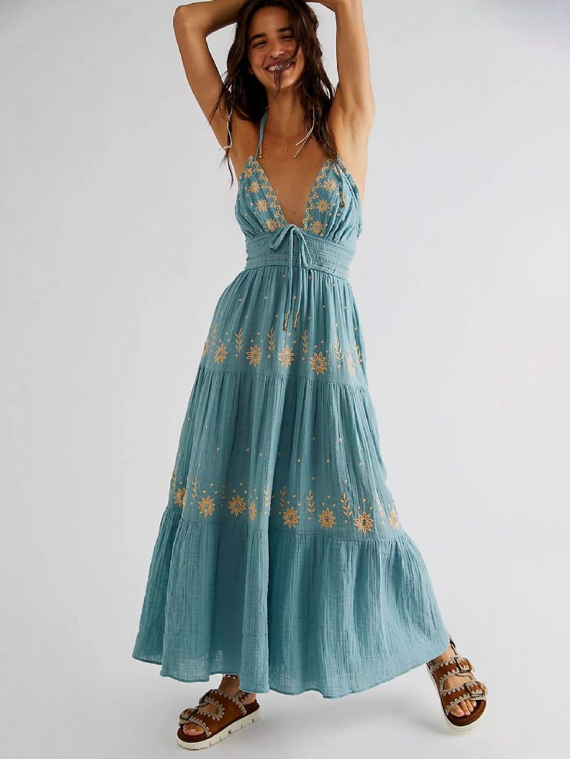 Damen Boho-kleid Mit Schnürung Trägern Ausschnitt Ärmellos Blumendruck Rückenfrei Sommerkleid - Helles Himmelblau