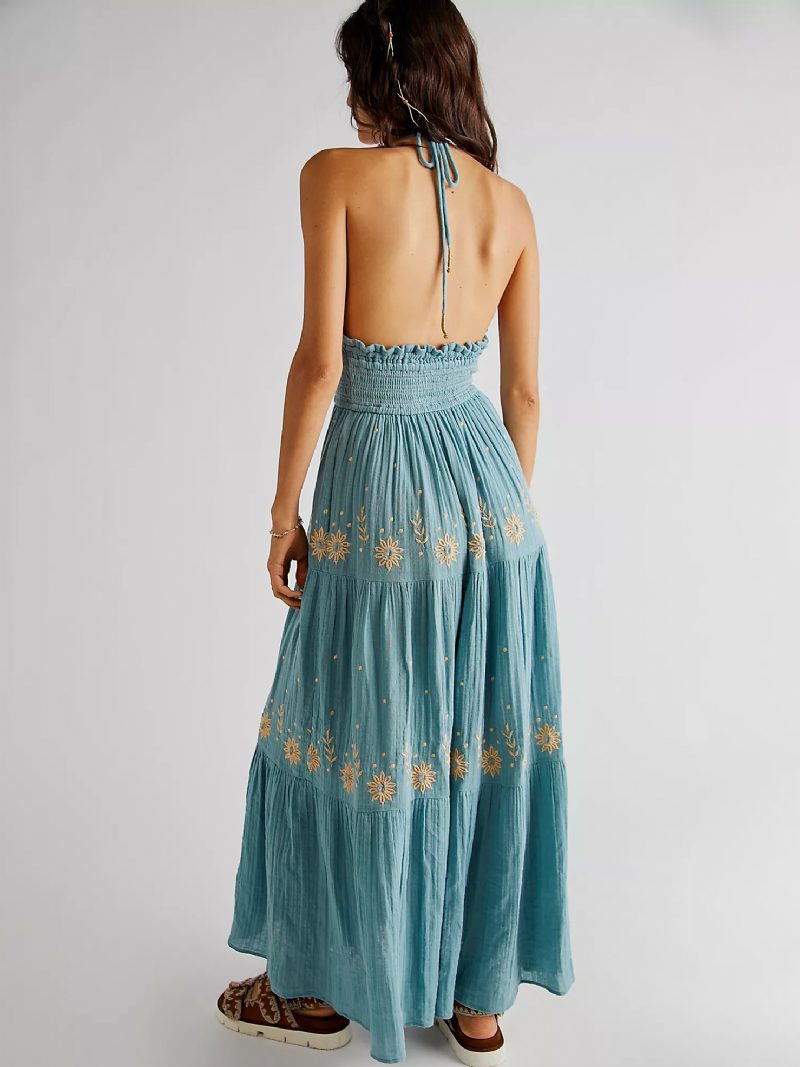 Damen Boho-kleid Mit Schnürung Trägern Ausschnitt Ärmellos Blumendruck Rückenfrei Sommerkleid - Helles Himmelblau