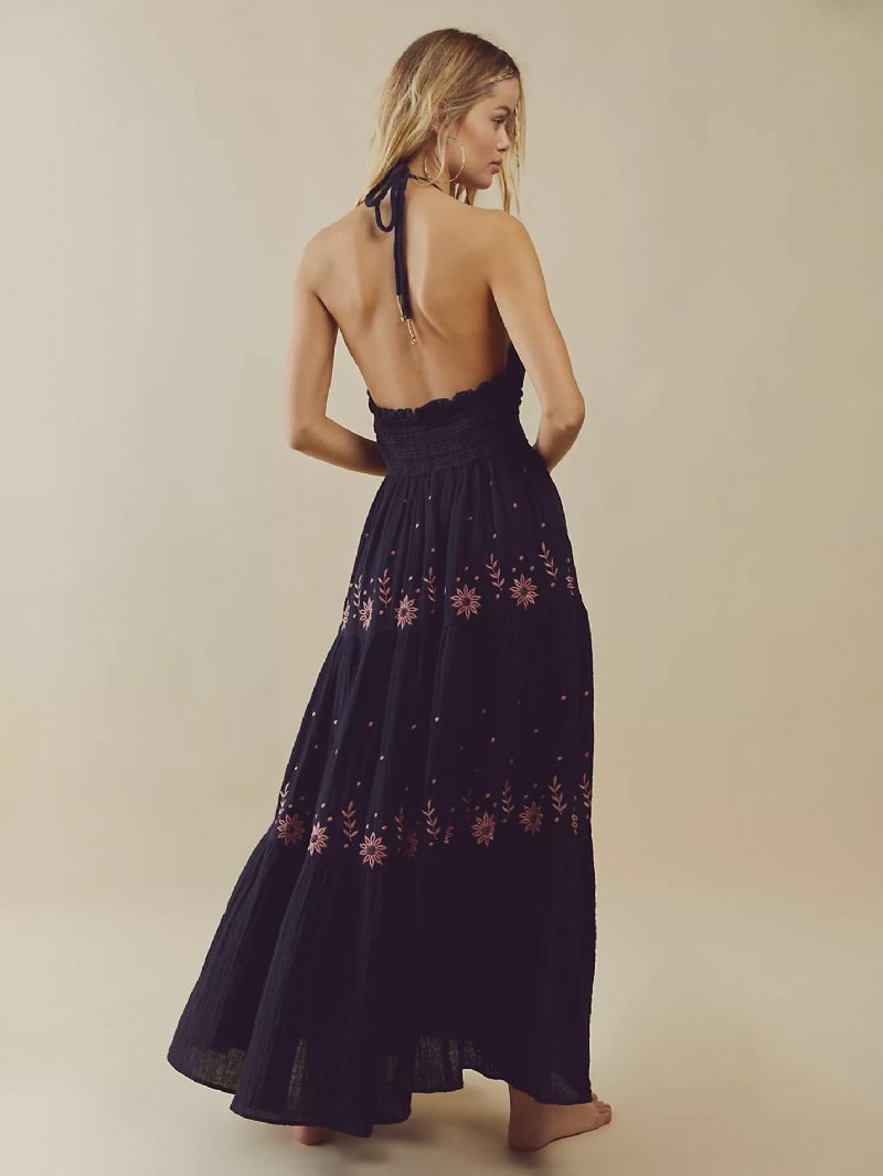 Damen Boho-kleid Mit Schnürung Trägern Ausschnitt Ärmellos Blumendruck Rückenfrei Sommerkleid - Schwarz