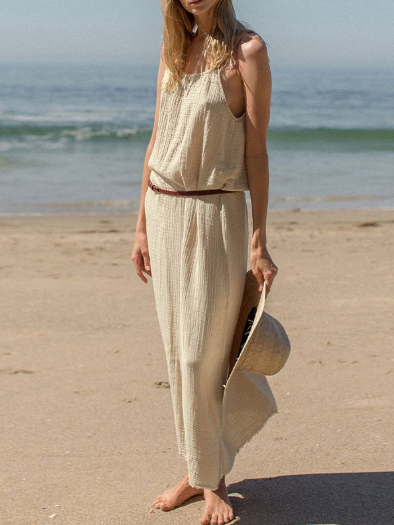 Damen-boho-kleid Mit Schnürung Und Juwelenausschnitt Ärmellos Übergroßes Strandkleid - Hellgelb