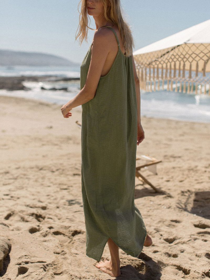 Damen-boho-kleid Mit Schnürung Und Juwelenausschnitt Ärmellos Übergroßes Strandkleid - Oliv