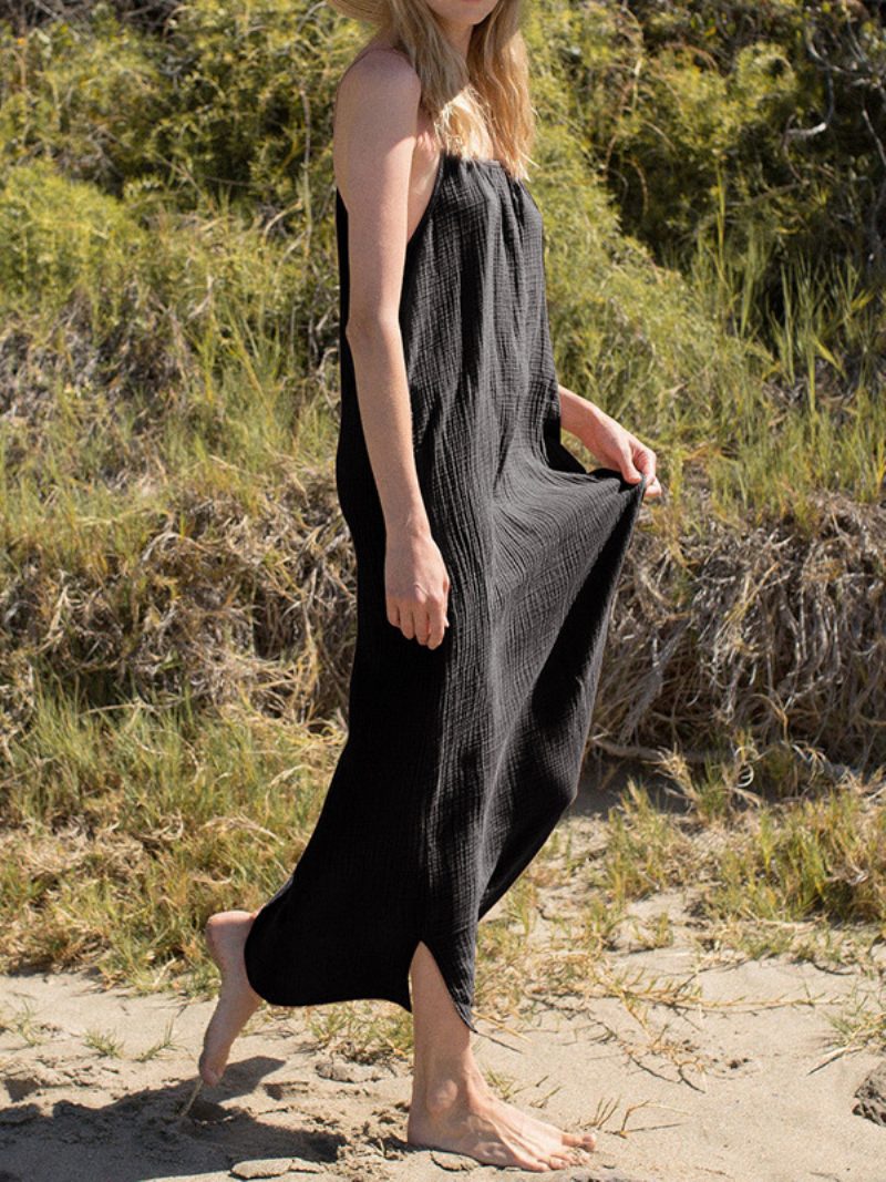 Damen-boho-kleid Mit Schnürung Und Juwelenausschnitt Ärmellos Übergroßes Strandkleid - Schwarz