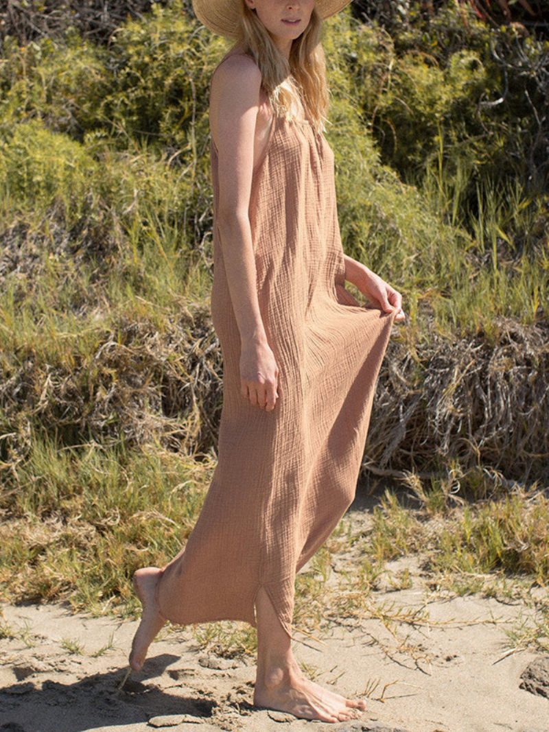 Damen-boho-kleid Mit Schnürung Und Juwelenausschnitt Ärmellos Übergroßes Strandkleid - Lotusrosa