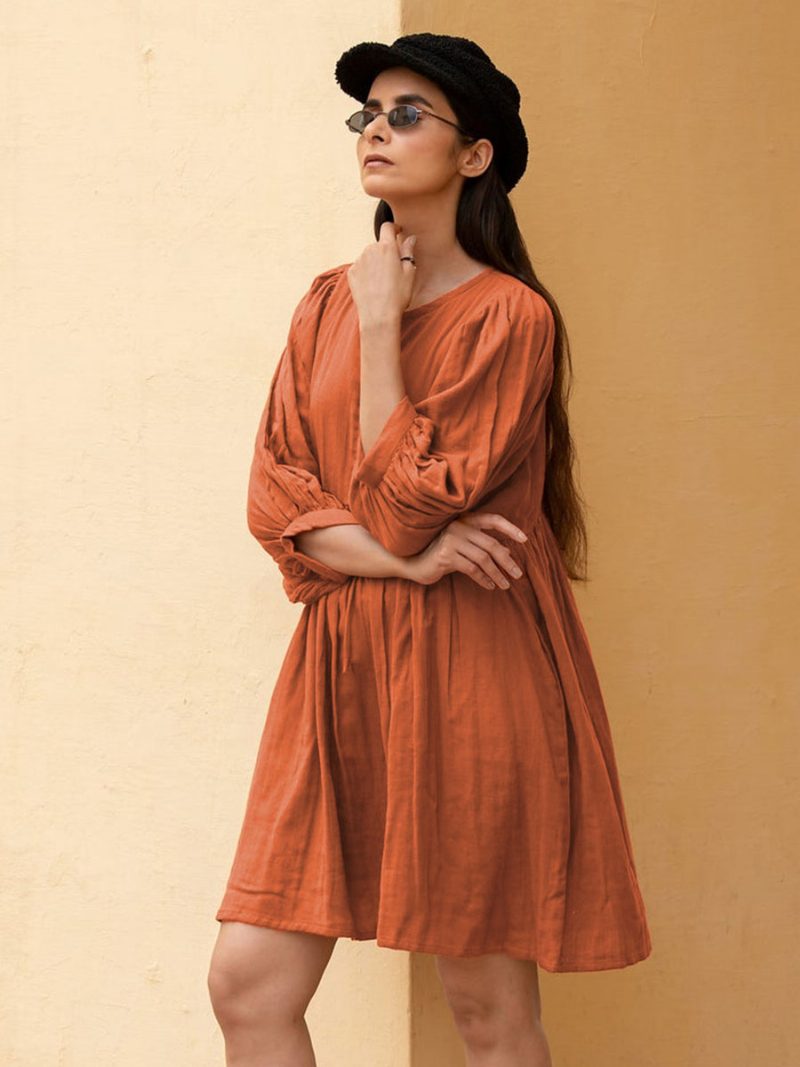 Damen-boho-kleid Mit Schnürung Verziertem Kragen Halben Ärmeln Übergroßes Sommerkleid - Orange