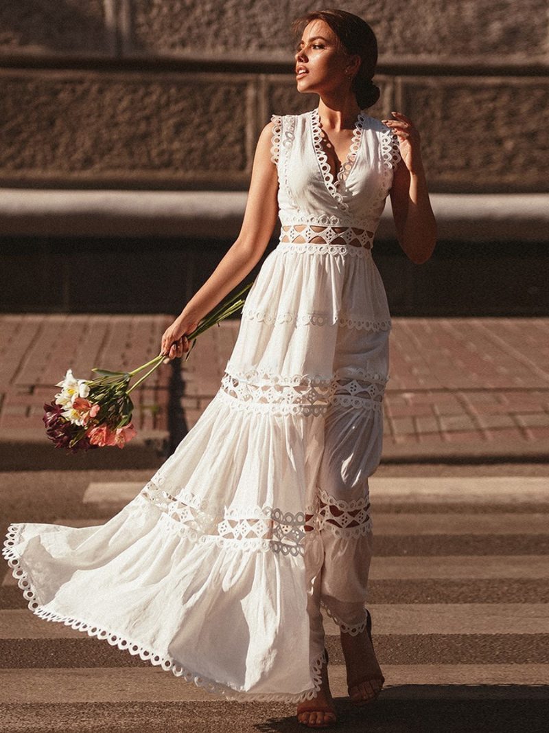 Damen-boho-kleid Mit V-ausschnitt Ärmellos Mehrlagiges Ausgeschnittenes Strandkleid