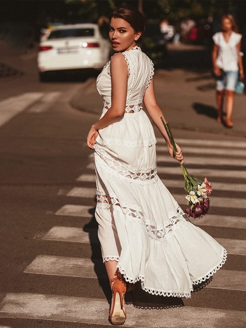 Damen-boho-kleid Mit V-ausschnitt Ärmellos Mehrlagiges Ausgeschnittenes Strandkleid - Weiß