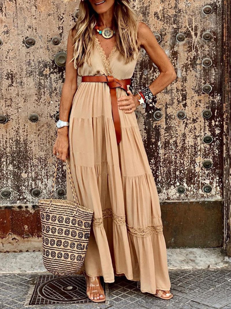 Damen-boho-kleid Mit V-ausschnitt Ärmellos Übergroßes Schärpen-strandkleid - Hellgelb