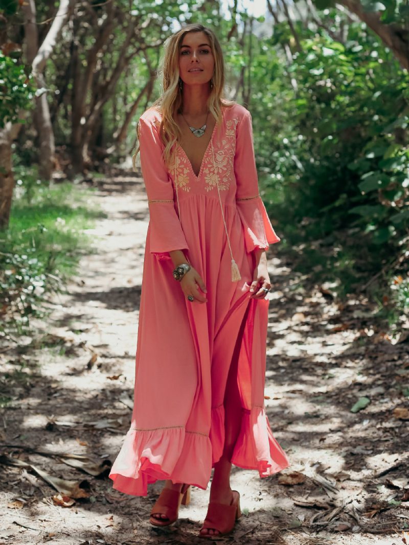 Damen-boho-kleid Mit V-ausschnitt Und Blumendruck - Rosa