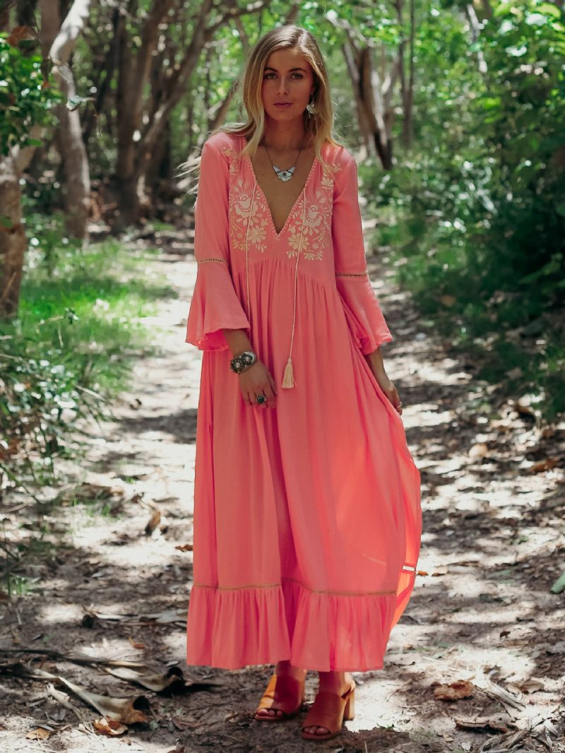 Damen-boho-kleid Mit V-ausschnitt Und Blumendruck - Rosa