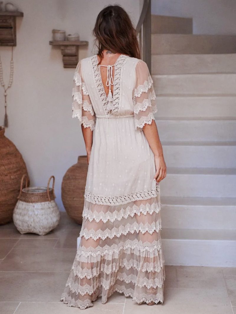 Damen-boho-kleid Mit V-ausschnitt Und Halben Ärmeln Geschichtetes Spitzen-strandkleid - Weiß