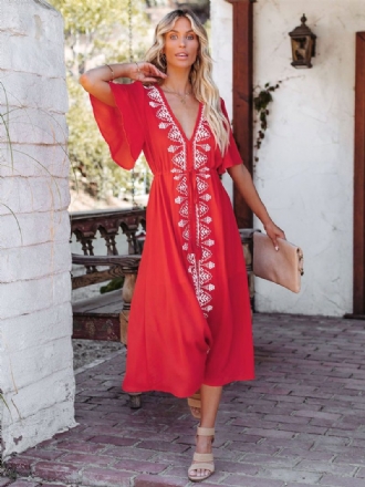 Damen-boho-kleid Mit V-ausschnitt Und Kurzen Ärmeln Zweifarbiges Strandkleid Schnürung