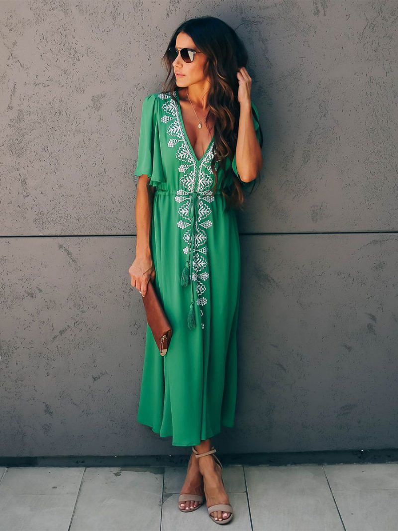 Damen-boho-kleid Mit V-ausschnitt Und Kurzen Ärmeln Zweifarbiges Strandkleid Schnürung - Grün