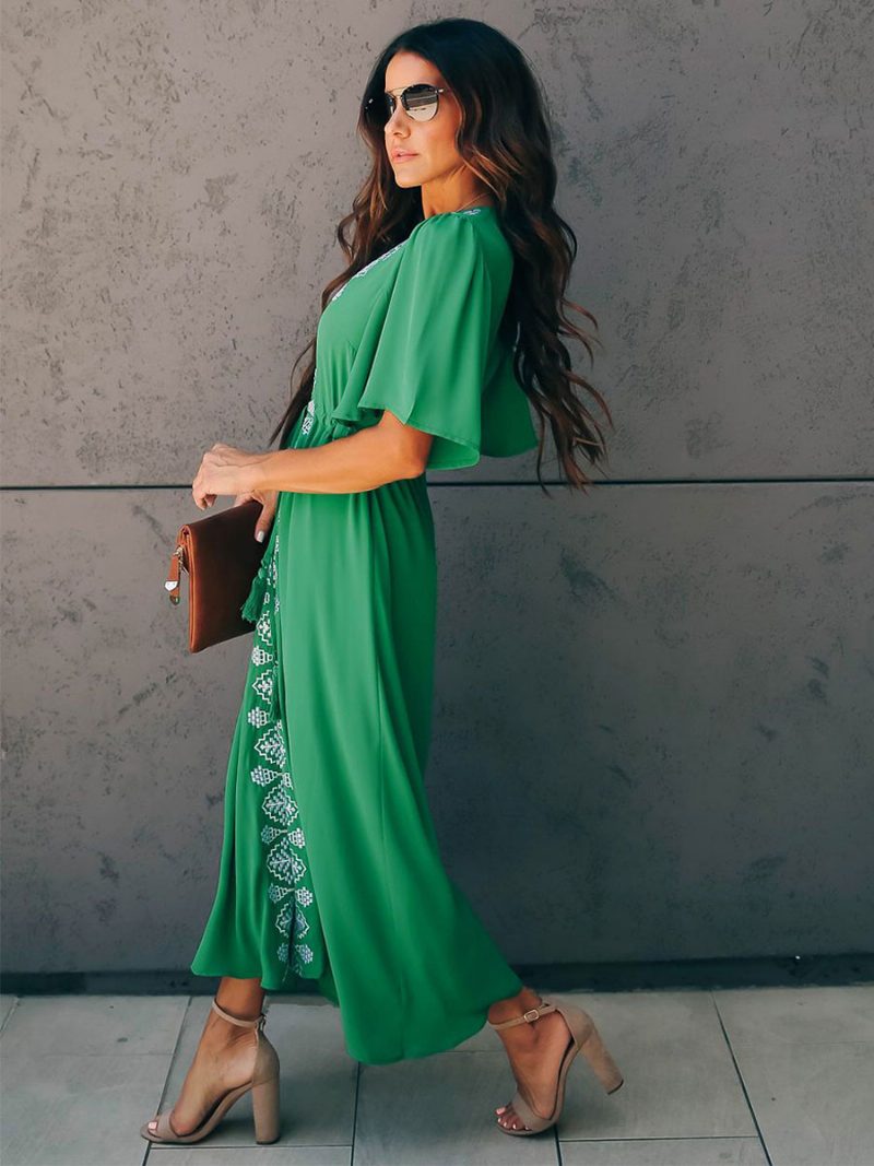 Damen-boho-kleid Mit V-ausschnitt Und Kurzen Ärmeln Zweifarbiges Strandkleid Schnürung - Grün