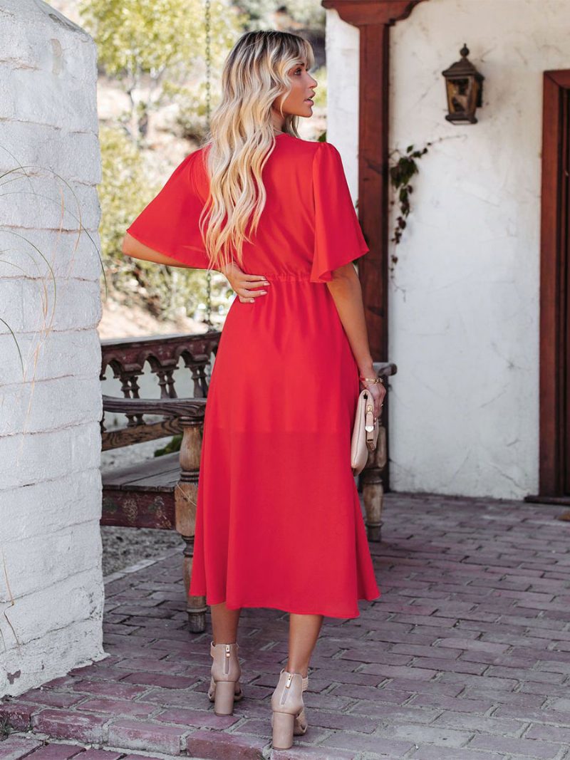 Damen-boho-kleid Mit V-ausschnitt Und Kurzen Ärmeln Zweifarbiges Strandkleid Schnürung - Rot