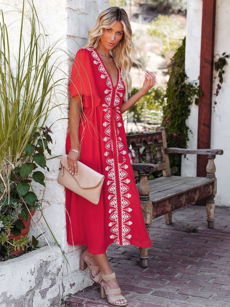 Damen-boho-kleid Mit V-ausschnitt Und Kurzen Ärmeln Zweifarbiges Strandkleid Schnürung - Rot