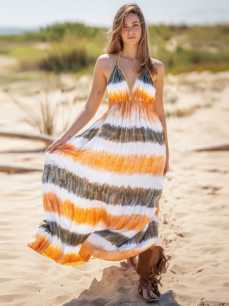 Damen Boho-kleid Neckholder V-ausschnitt Offener Rücken Lässig Resort Sommer-maxikleider - Orange