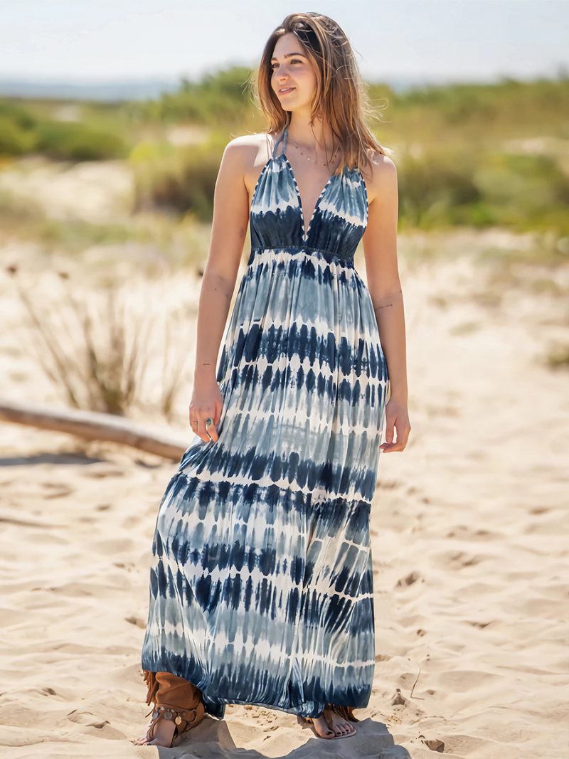 Damen Boho-kleid Neckholder V-ausschnitt Offener Rücken Lässig Resort Sommer-maxikleider - Helles Himmelblau