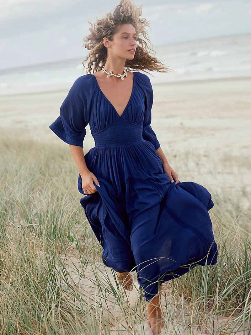 Damen Boho-kleid Plissiert V-ausschnitt Dreiviertelärmel Strand-maxikleider