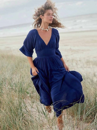 Damen Boho-kleid Plissiert V-ausschnitt Dreiviertelärmel Strand-maxikleider